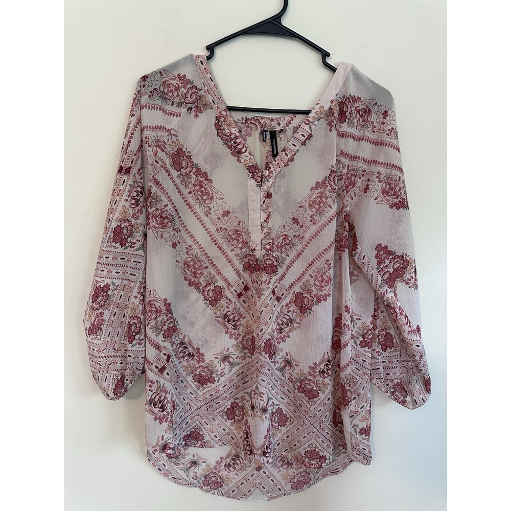 Maurices Dusty Pink Boho Floral Print Sheer Peasant Blouse Top MEDIUM